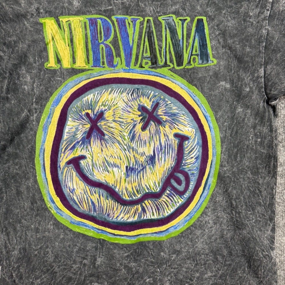 Nirvana Band Tee Mens Large Grey Smiley Face Graphic T-Shirt Mineral Wash NWOT - Picture 2 of 6